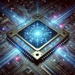 Ilustração futurista de um processador quântico em operação, com circuitos iluminados em azul e roxo, representando a complexidade da computação quântica.