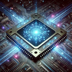 Ilustração futurista de um processador quântico em operação, com circuitos iluminados em azul e roxo, representando a complexidade da computação quântica.