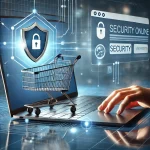 Ilustração de um consumidor comprando online com um laptop, ao lado de um símbolo de segurança e um carrinho de compras digital, representando segurança no e-commerce.