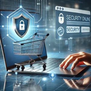 Ilustração de um consumidor comprando online com um laptop, ao lado de um símbolo de segurança e um carrinho de compras digital, representando segurança no e-commerce.