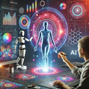 Ilustração futurista de um humano e uma IA colaborando na criação de arte digital e textos, com telas holográficas e um ambiente criativo e tecnológico.