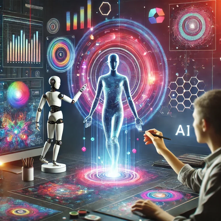 Ilustração futurista de um humano e uma IA colaborando na criação de arte digital e textos, com telas holográficas e um ambiente criativo e tecnológico.