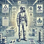 Ilustração de um trabalhador utilizando Equipamentos de Proteção Individual (EPIs) em um ambiente de trabalho seguro, com placas de sinalização e medidas de segurança evidentes.