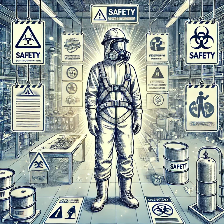 Ilustração de um trabalhador utilizando Equipamentos de Proteção Individual (EPIs) em um ambiente de trabalho seguro, com placas de sinalização e medidas de segurança evidentes.