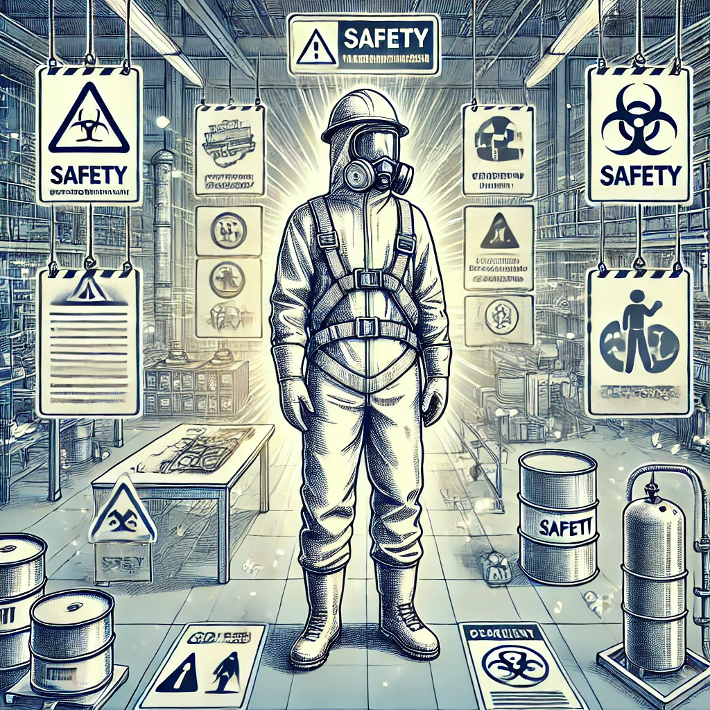 Ilustração de um trabalhador utilizando Equipamentos de Proteção Individual (EPIs) em um ambiente de trabalho seguro, com placas de sinalização e medidas de segurança evidentes.
