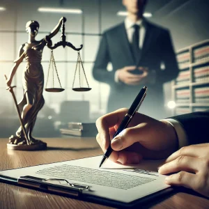 Ilustração realista de um contrato sendo assinado sobre uma mesa em um ambiente corporativo, com uma mão segurando uma caneta e símbolos jurídicos ao fundo.