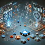 Ilustração de duas aplicações de software trocando dados por meio de uma API, com nós conectados e fluxo de dados em um ambiente digital futurista.