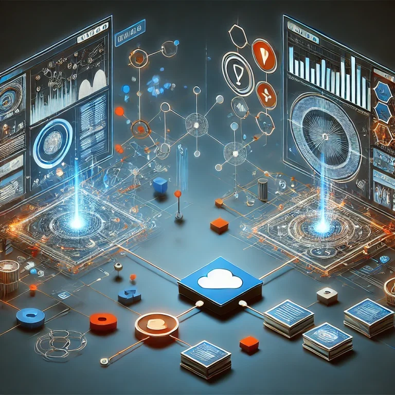 Ilustração de duas aplicações de software trocando dados por meio de uma API, com nós conectados e fluxo de dados em um ambiente digital futurista.
