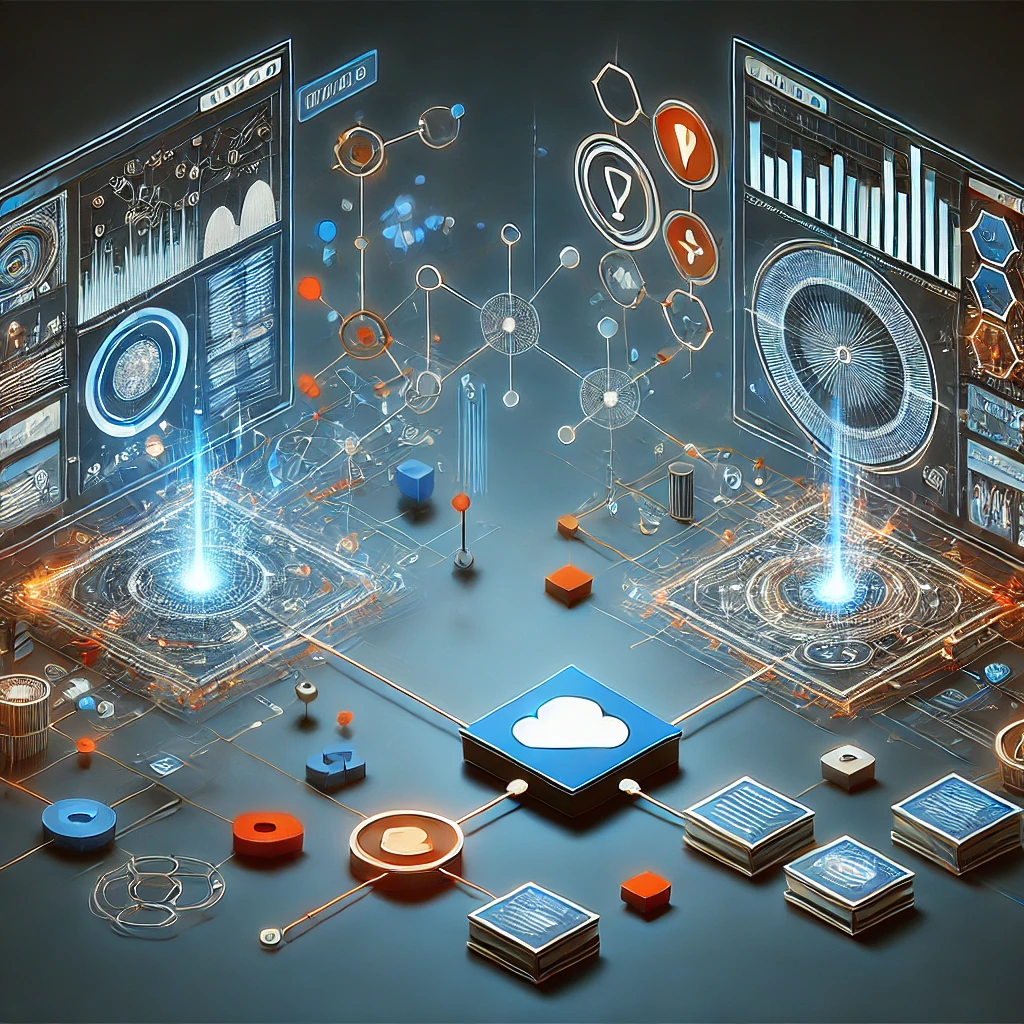 Ilustração de duas aplicações de software trocando dados por meio de uma API, com nós conectados e fluxo de dados em um ambiente digital futurista.
